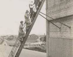 Women climbing the steel ladder from the rear of the watching post.