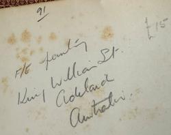 Inscription on a page: F/E family King William St, Adelaide Australia. 15 pounds.