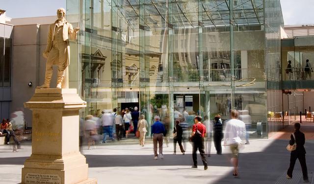 State Library forecourt and Spence Wing entrance