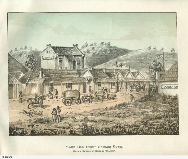 Old Spot Hotel, the first building in Gawler Town, by Samuel Calvert circa 1845 SLSA B 9483/8