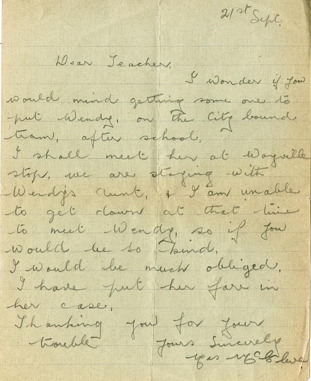 Note from a mother to a teacher, asking for her daughter to be put on the tram
