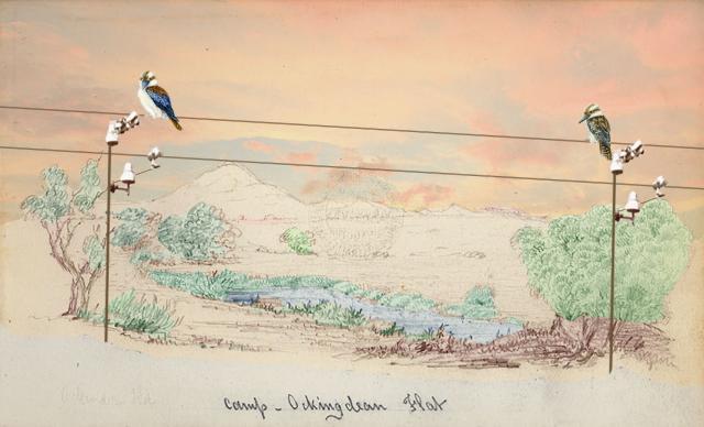 Coloured version of the stetck by Babbage of Camp Ockindean Flat, with an illustration of the OTL across the landscape. SLSA: PRG 404/19/3/64