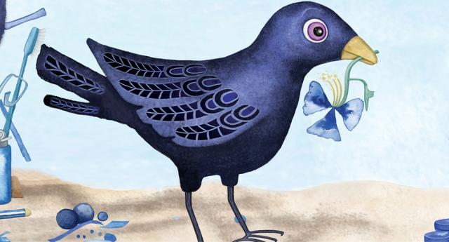 Illustration of a blue bowerbird.