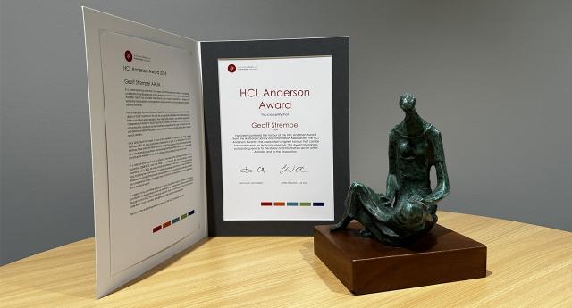 Geoff Strempel's HCL Anderson Award certificate and trophy
