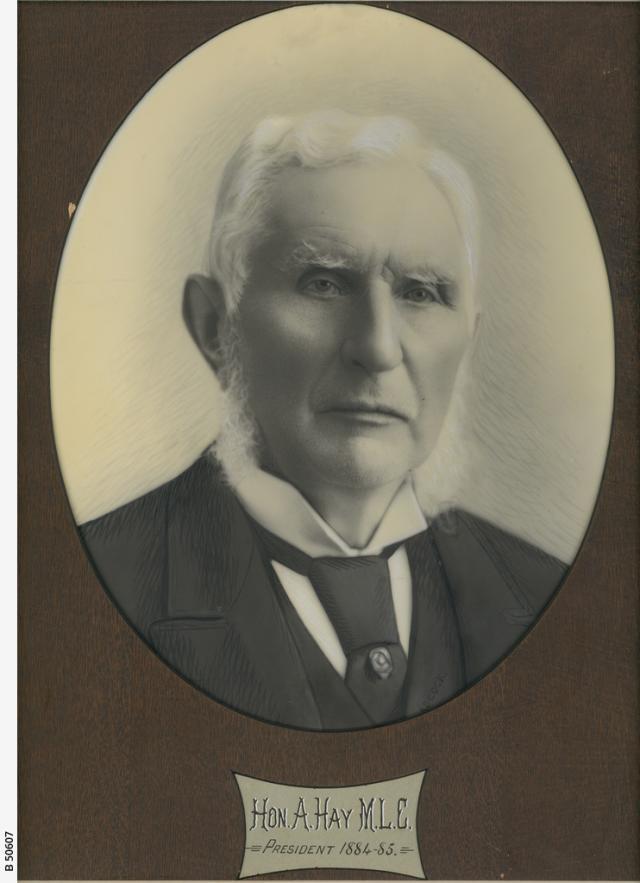 Opalotype portrait of the Hon. Alexander Hay, M.L.C., President 1884-85, with details emphasised with black and white overpainting by Thomas Adcock, 1885. SLSA: B 50607 