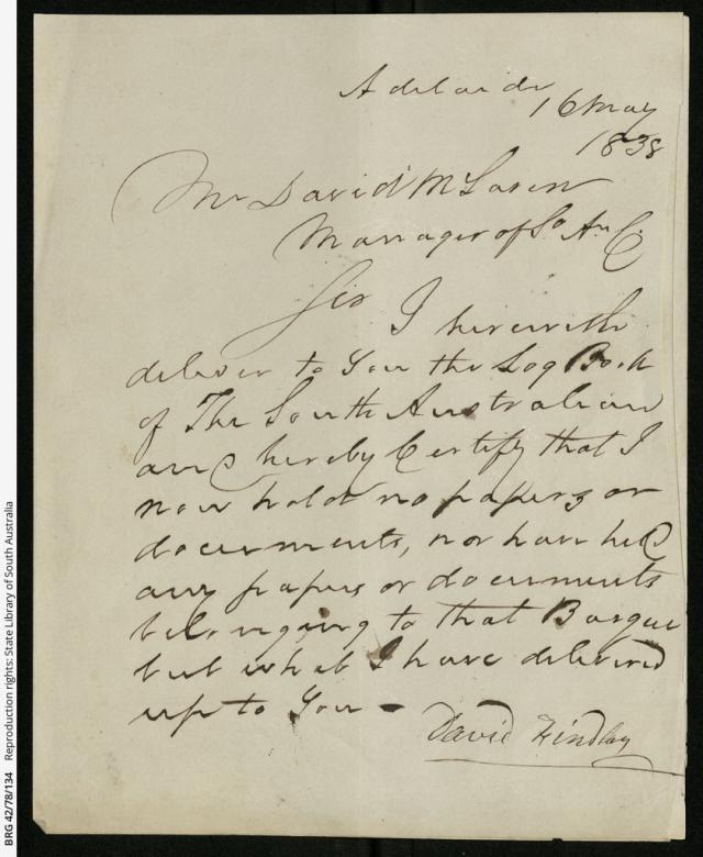 Last page of the logbook for the 'South Australia' barque. SLSA: BRG 42/78/134