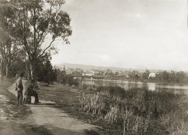 Two men, one sketching, on north bank of Torrens Lake