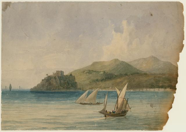 Two boats and fortress on headland by William Light PRG1_5_184