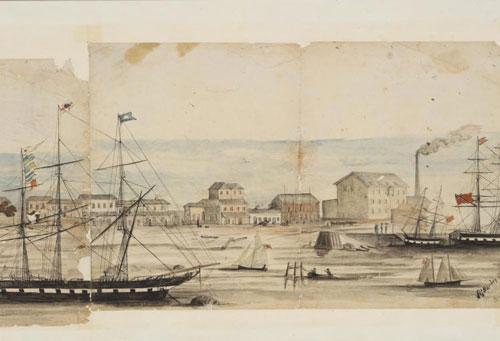 art of the panorama of the Port River and North Parade, Port Adelaide. SLSA: B 78677/3