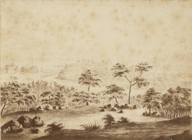 Drawing of a scene showing a river and trees, 1837. SLSA: B 73660