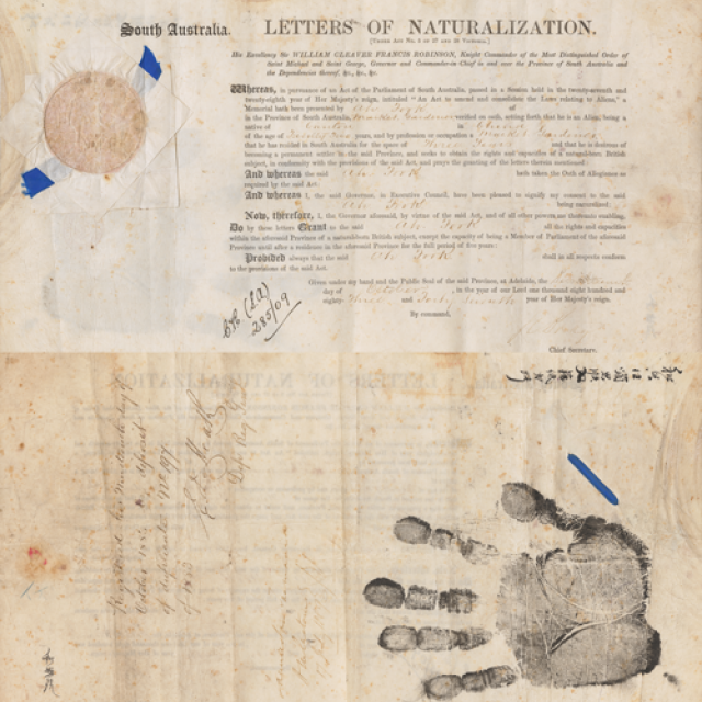 A South Australian Chinese naturalisation certificate 17 July 1889 [BRG 261/004/002/001 and BRG 261/004/002/002]
