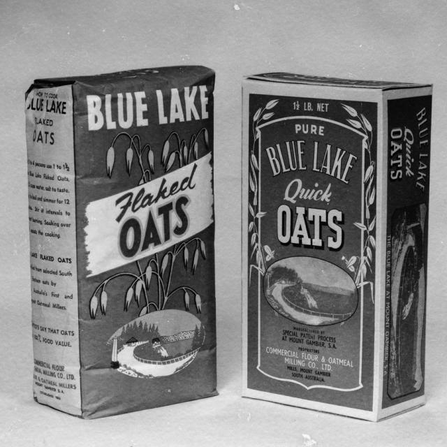 Photograph of ‘Blue Lake’ products: a packet of flaked oats and a box of ‘quick oats’. Arthur Studio, 1958. SLSA: BRG 347/36