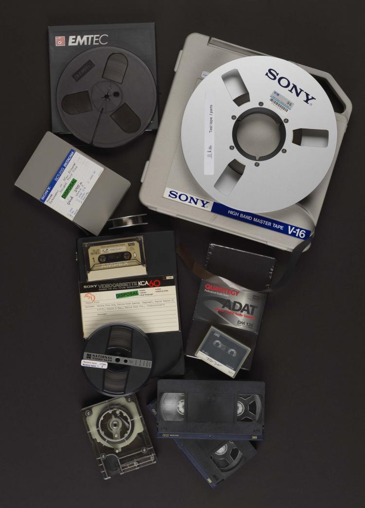 Photo showing magnetic media such as open reel audio, videotapes, audio cassettes and much more.