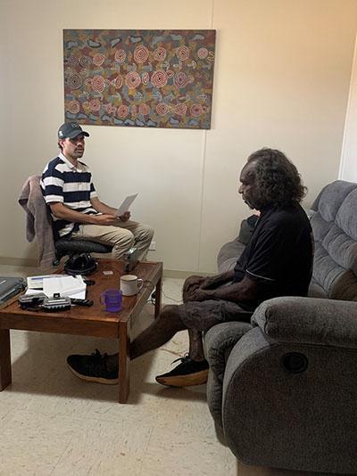 Indigenous Collections Officer Jamie Hampton recording oral history interview with Otto Jungarryyi Sims.