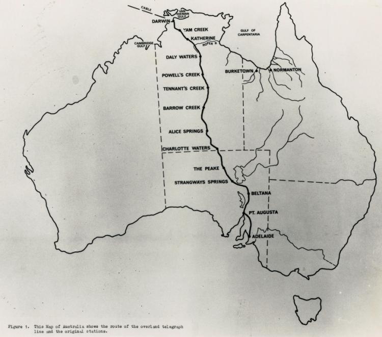 Map of the Overland Telegraph Line Adelaide through to Darwin, circa 1900. SLSA: B 78437 