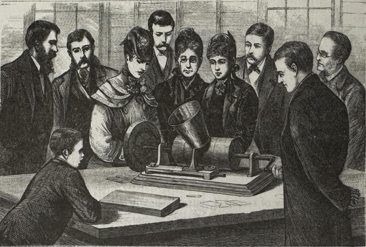“New Jersey.—Professor Edison exhibiting the phonograph to visitors, at his laboratory, Menlo Park.” From Frank Leslie’s Illustrated Newspaper, 30 March 1878, page 68. 