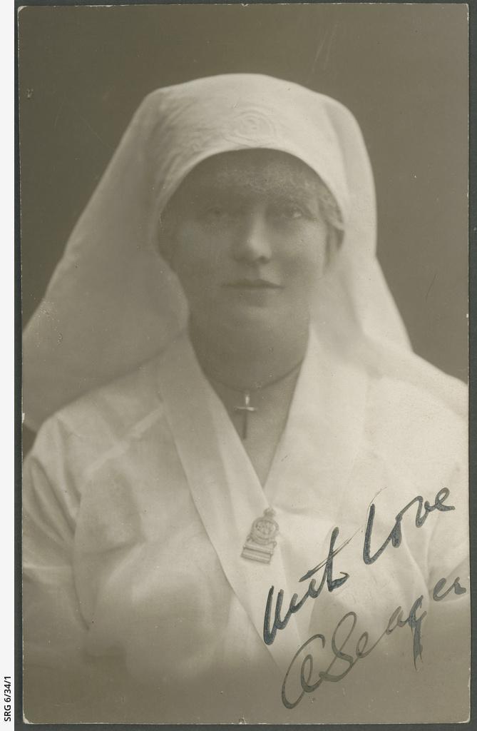 Portrait of 'Mrs Alexandrina Seager of Adelaide, founder of the Cheer-up Society Inc, October 1914 - 1919 World War I' from back of photograph. Photo taken approximately 1919. SLSA: SRG 6/34/1 