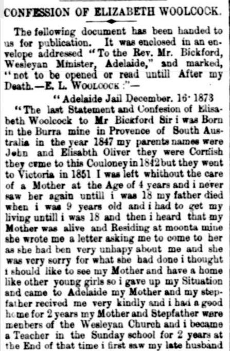 ‘Confession of Elizabeth Woolcock’, published in the South Australian Register, Friday 2 January 1874 