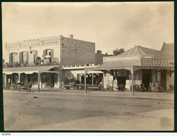    The premise of P. Le Cornu, Cabinet Maker, General Dealer and Undertaker on the corner of O’Connell Street and Archer Street, North Adelaide, 1881.SLSA: B 10719  