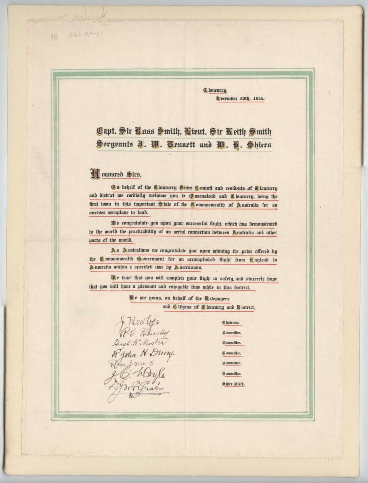 Memento produced on silk for Sir Ross Smith and crew by Cloncurry Shire Council. SLSA: PRG 18/34/1