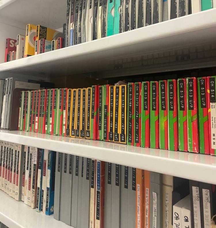 Shelves of tapes recordings in the oral history collection of State Library SA.
