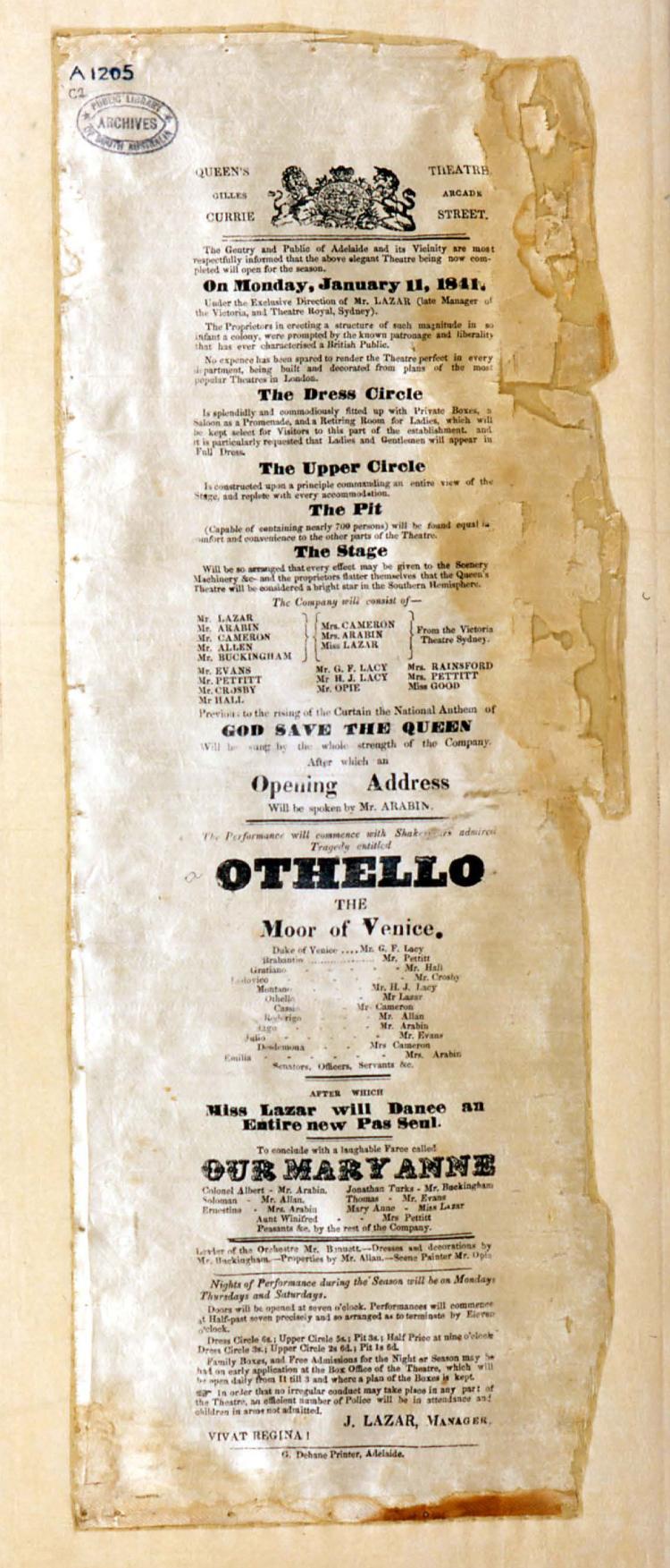 A program form the Queen's Theatre, Gilles Arcade, Currie Street. 1841. SLSA: 792.0994231 Q3 d 