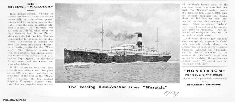 The Blue-Anchor liner "Waratah", missing at sea July 27th 1909. SLSA: PRG 280/1/4/523 