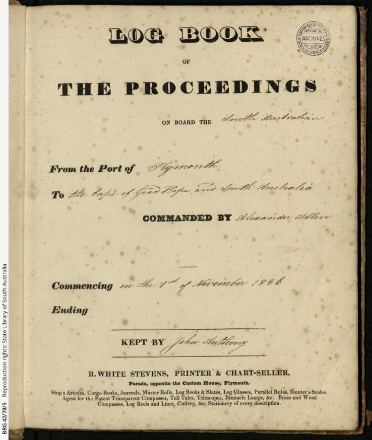Title page of the 'South Australia' logbook held by the State Library. SLSA: BRG 42/78