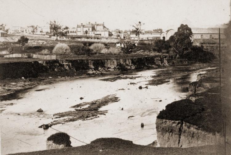 River showing mud holes, low water levels, erosion of banks, 1860s