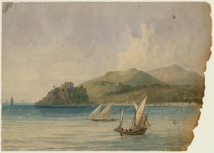 Two boats and fortress on headland by William Light PRG1_5_184