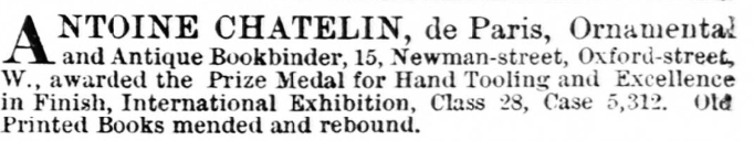 A news article published in September 1862 that Antoine Chatelin had won an award at the Exhibition International