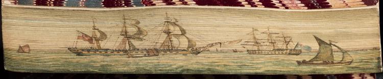 The fore-edge image of a fleet of ships drawn on the pages of the book.
