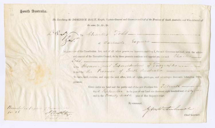 Commission appointing Sir Charles Todd as Observer and Superintendent of Telegraphs. SLSA: PRG 630/12/1