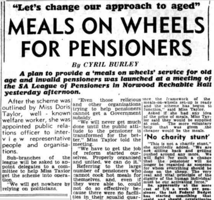 1953 newspaper article extract headlined 'Meals on Wheels for Pensioners'